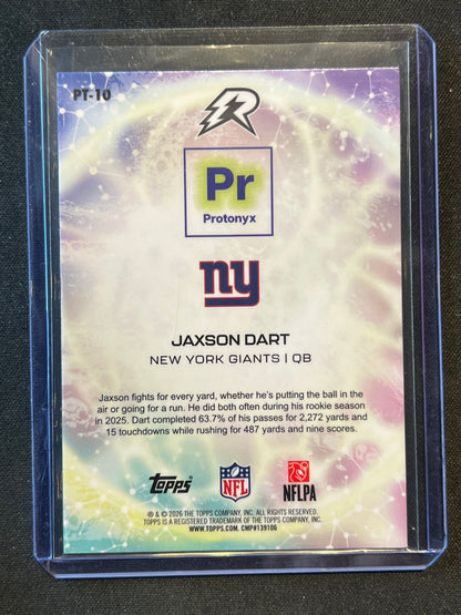 2025 Topps Resurgence Jaxson Dart (RC) #PT-10 Protonyx Crimson Surge /199 Giants