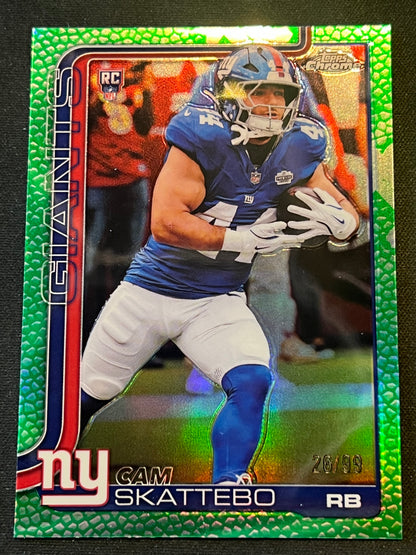 2025 Topps Chrome - Rookies Cam Skattebo #331 Green Leather Refractor /99 (RC)