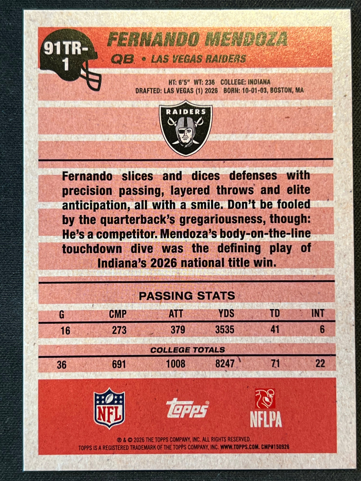 2026 Topps Fernando Mendoza Rookie Cracked Foil 35th Anniversary #91TR-1 Raiders