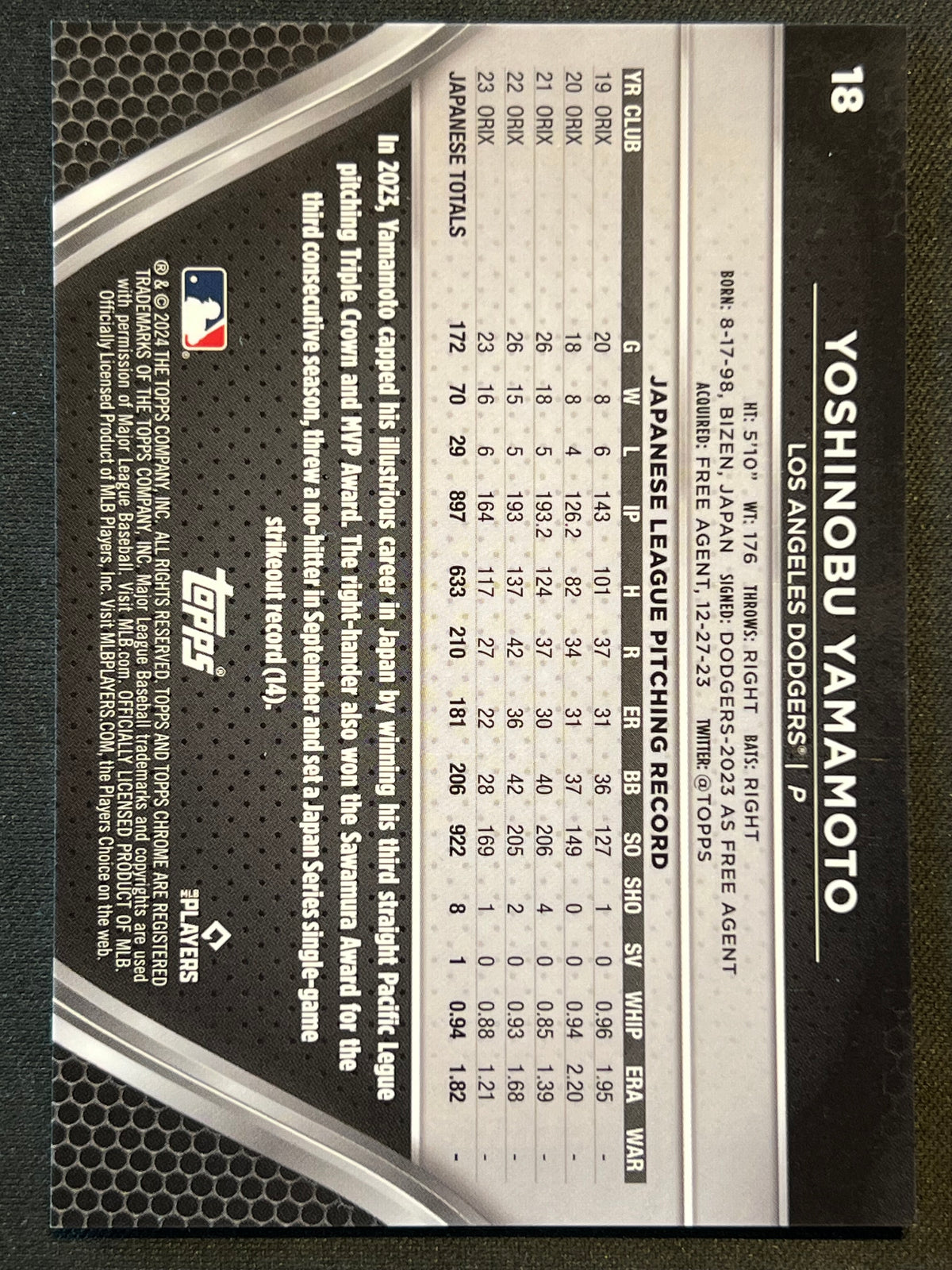 Yoshinobu Yamamoto 2024 Topps Chrome Black  RC Blue Lava Refractor /75 Dodgers FS