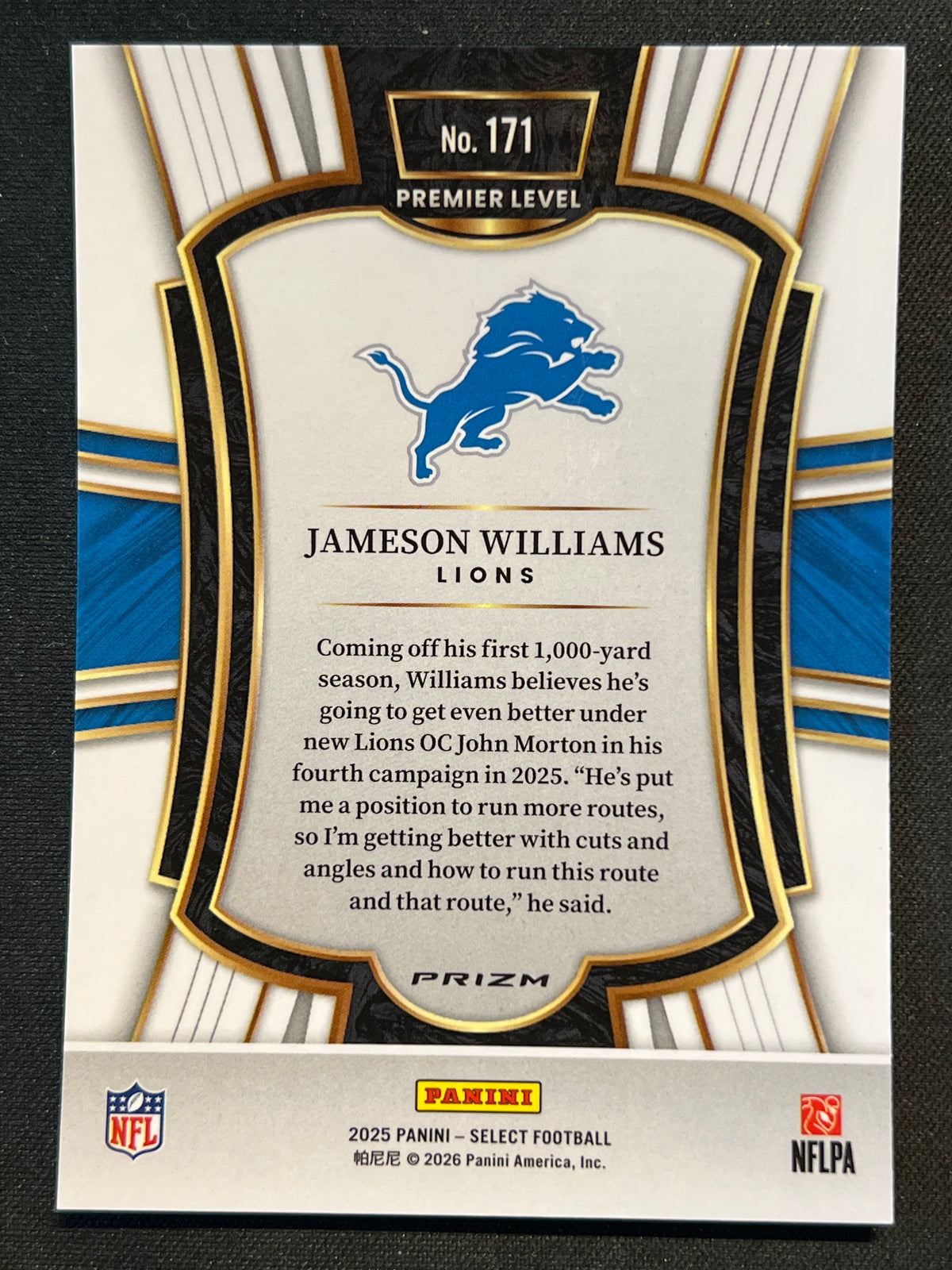 2025 Panini Select Zebra Prizm Premier Level Jameson Williams #171 SSP Lions