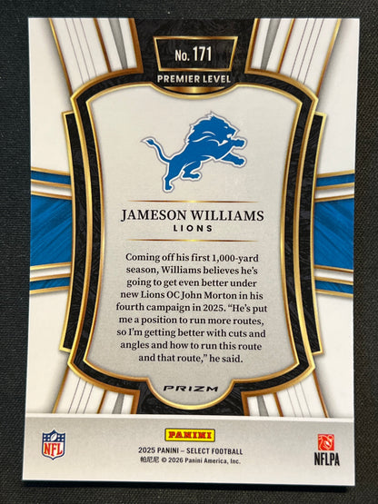 2025 Panini Select Zebra Prizm Premier Level Jameson Williams #171 SSP Lions