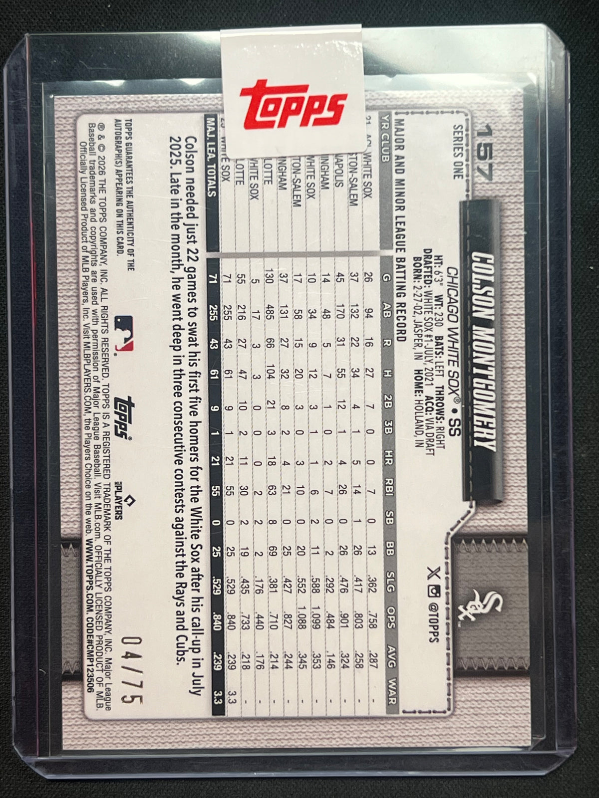 2026 Topps Flagship Auto 75th Anniversary Parallel  Colson Montgomery RC /75 #157
