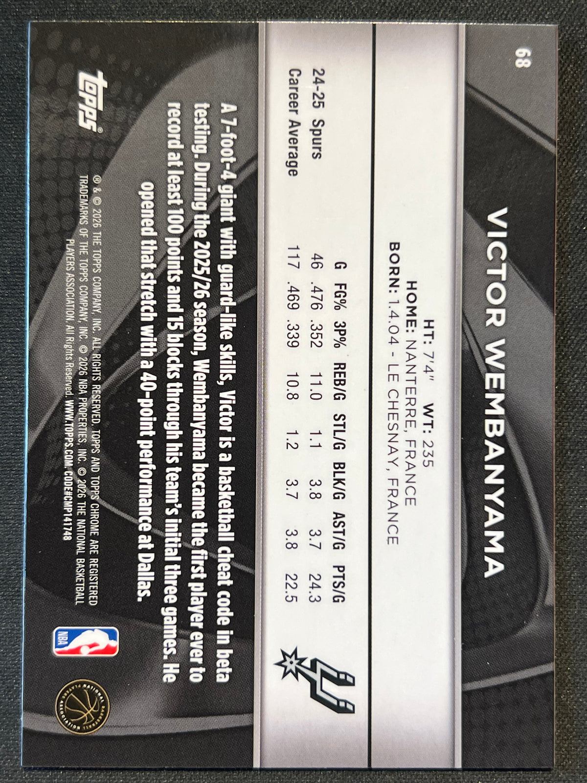 2025-26 Topps Chrome Black Victor Wembanyama #68 Spurs