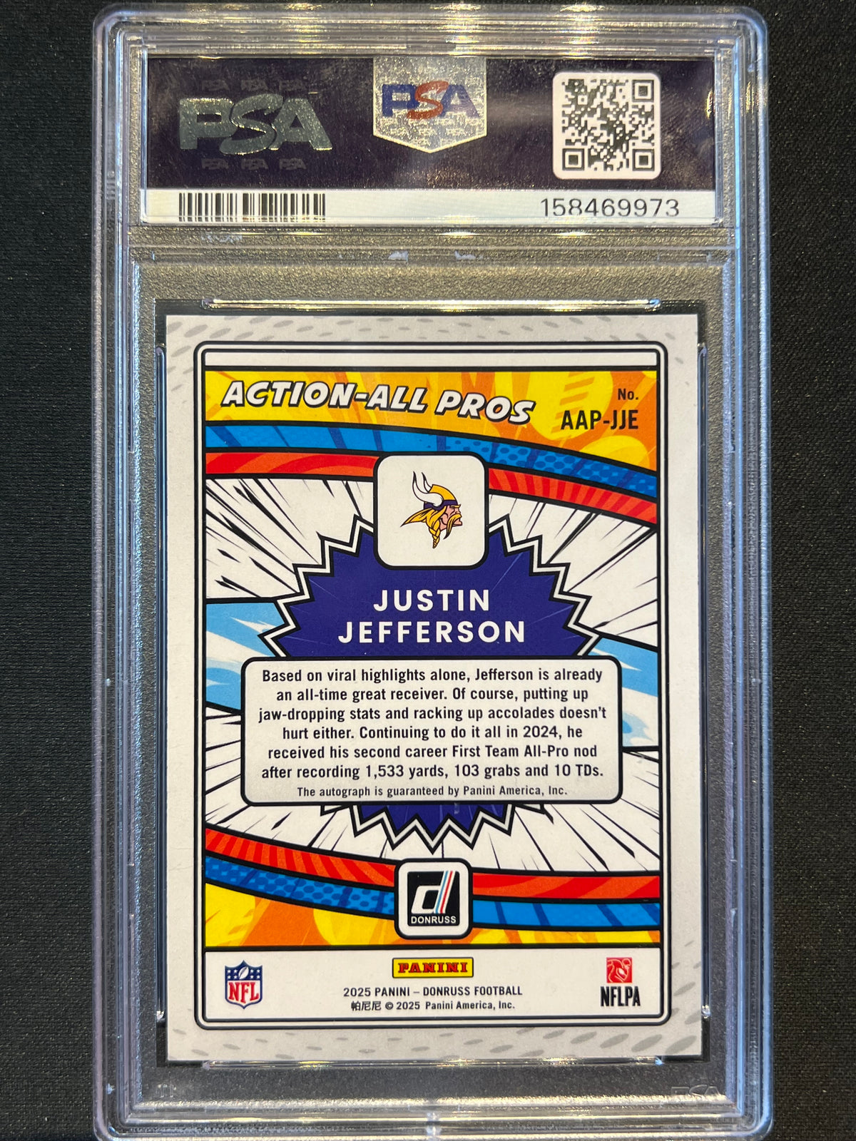 2025 Donruss Action All-Pros Justin Jefferson Vikings Auto /299 #AAP-JJE PSA 9