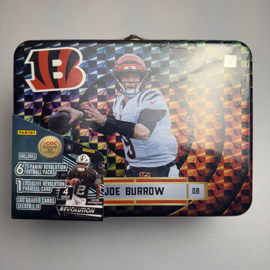 2025 Panini Revolution Joe Burrow Lunch Box Tin Factory Seal - 6 Packs Plus 1 Guaranteed Parallel