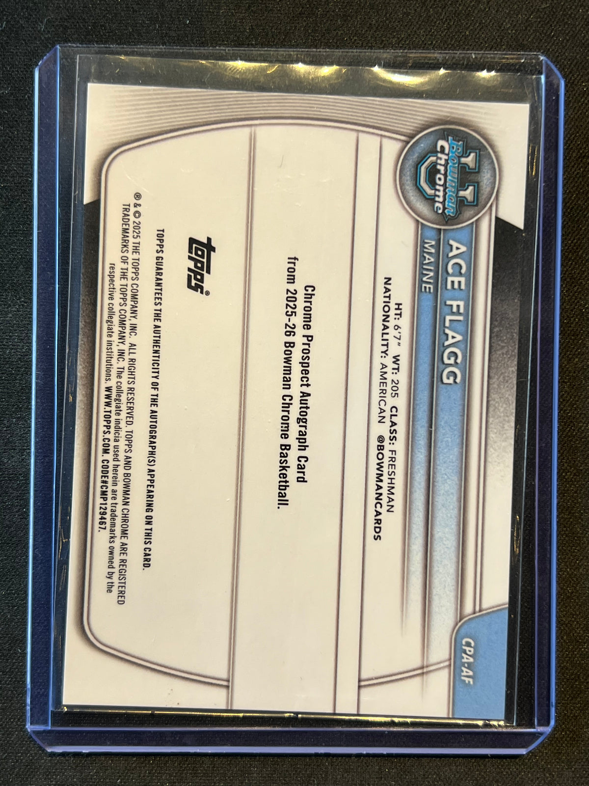 2025-26 Topps Bowman Chrome U Prospect #CPA-AF Ace Flagg 1st Auto Maine