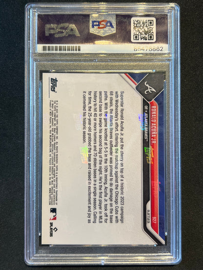 Ronald Acuna Jr 2023 Topps Now 40 HR 70 SB "2023 NL MVP" Auto #927 PSA/DNA 10
