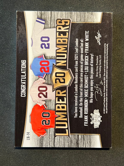 2021 Leaf Lumber Lumber Numbers Relic Frank Robinson/Mike Schmidt/Lou Brock/Frank White 15/25 #LN-14