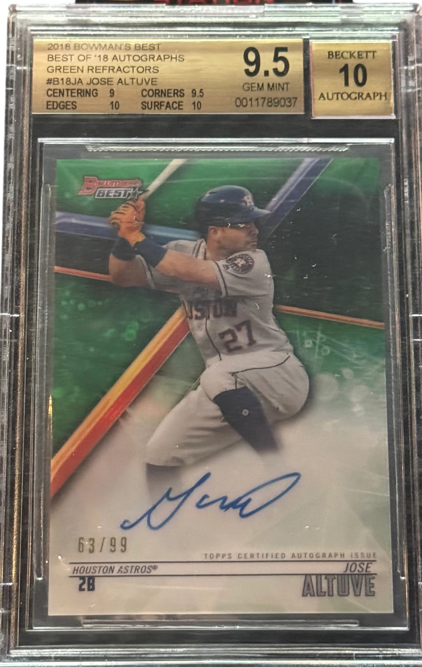 2018 Best Of Bowman Autographs Jose Altuve Green Refractor /99 BGS 9.5 / Auto 10 — normalized