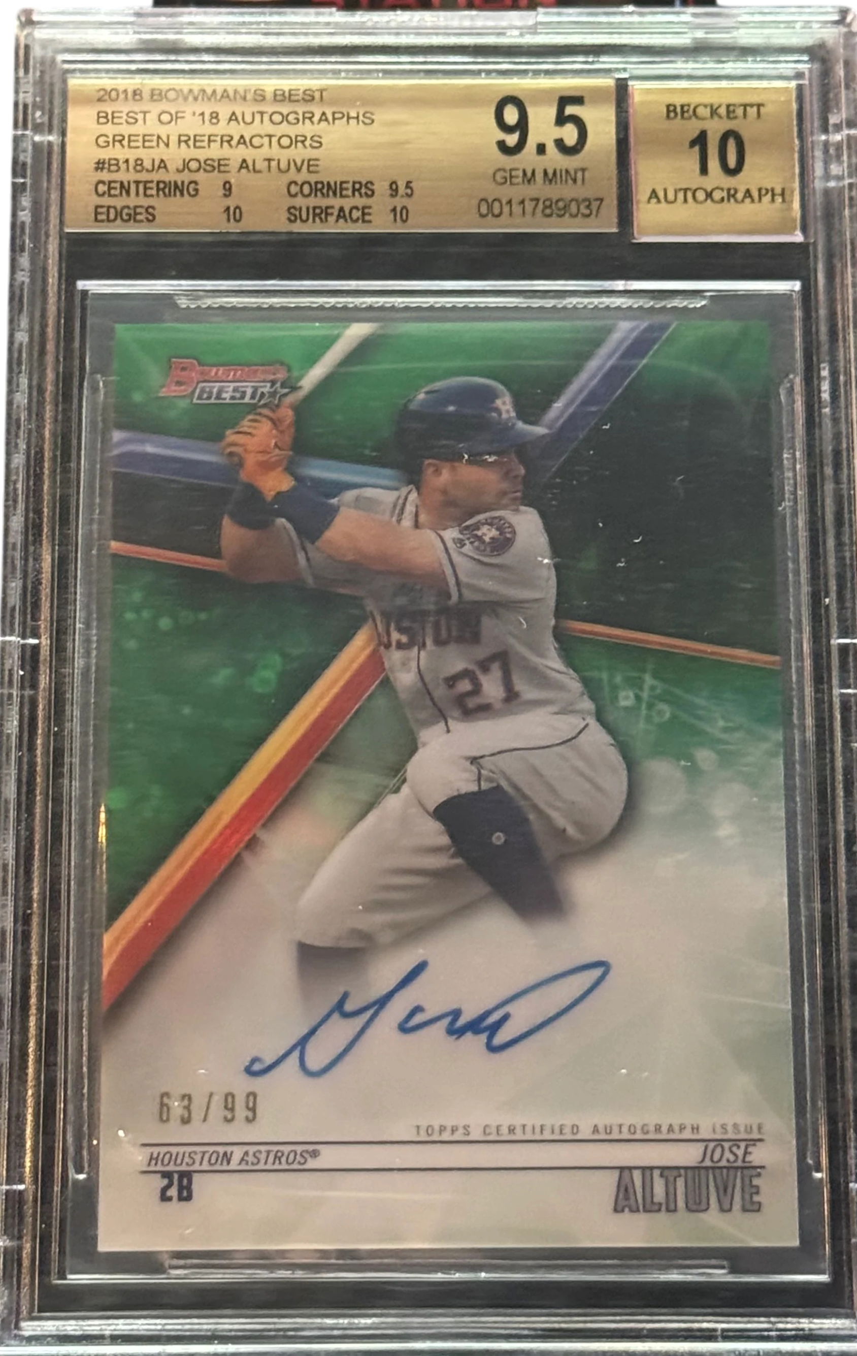 2018 Best Of Bowman Autographs Jose Altuve Green Refractor /99 BGS 9.5 / Auto 10 — normalized