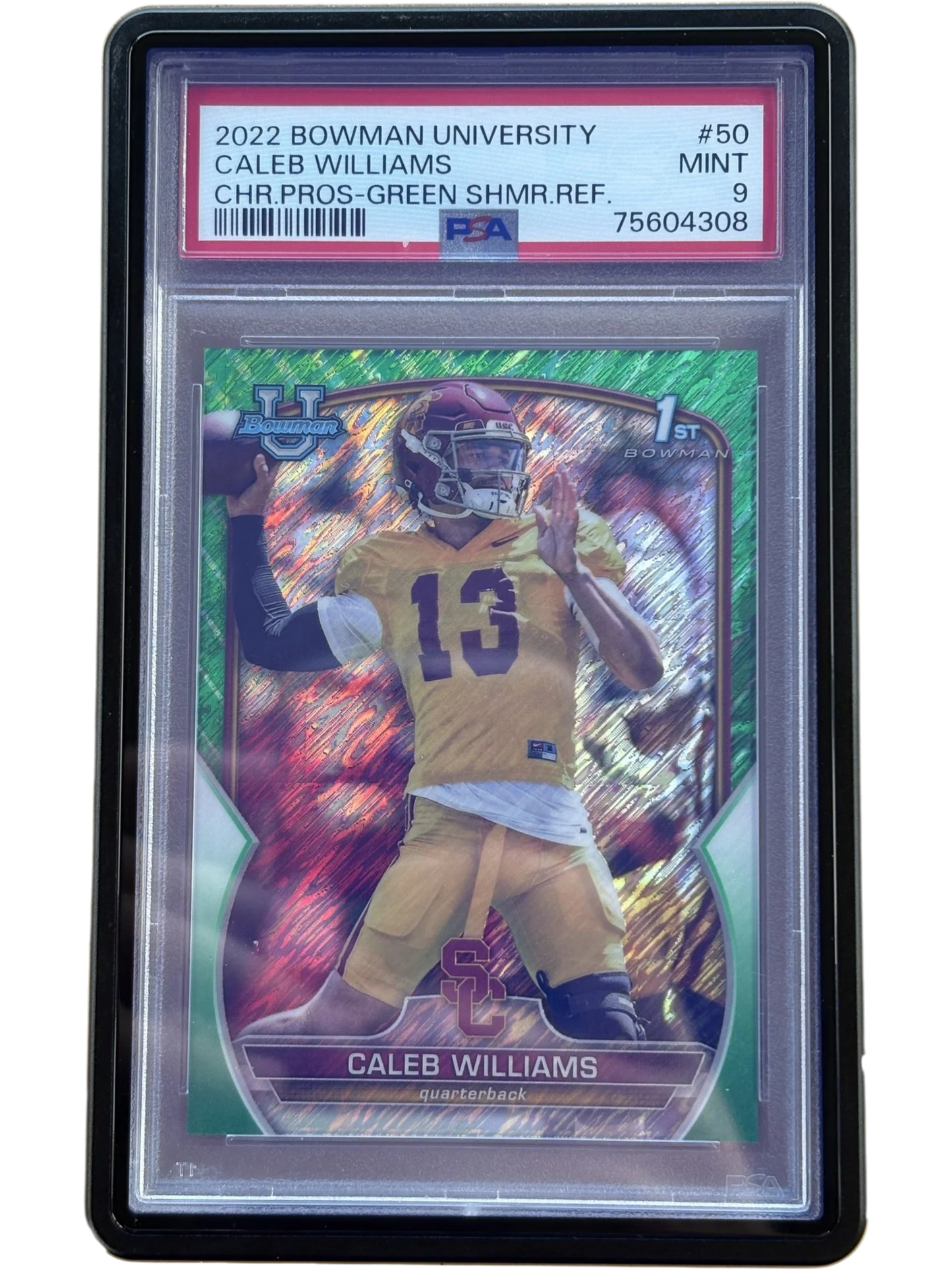 Topps 2022 Bowman University Caleb Williams #50 Green Shimmer Refractor /99 - PSA 9 — normalized