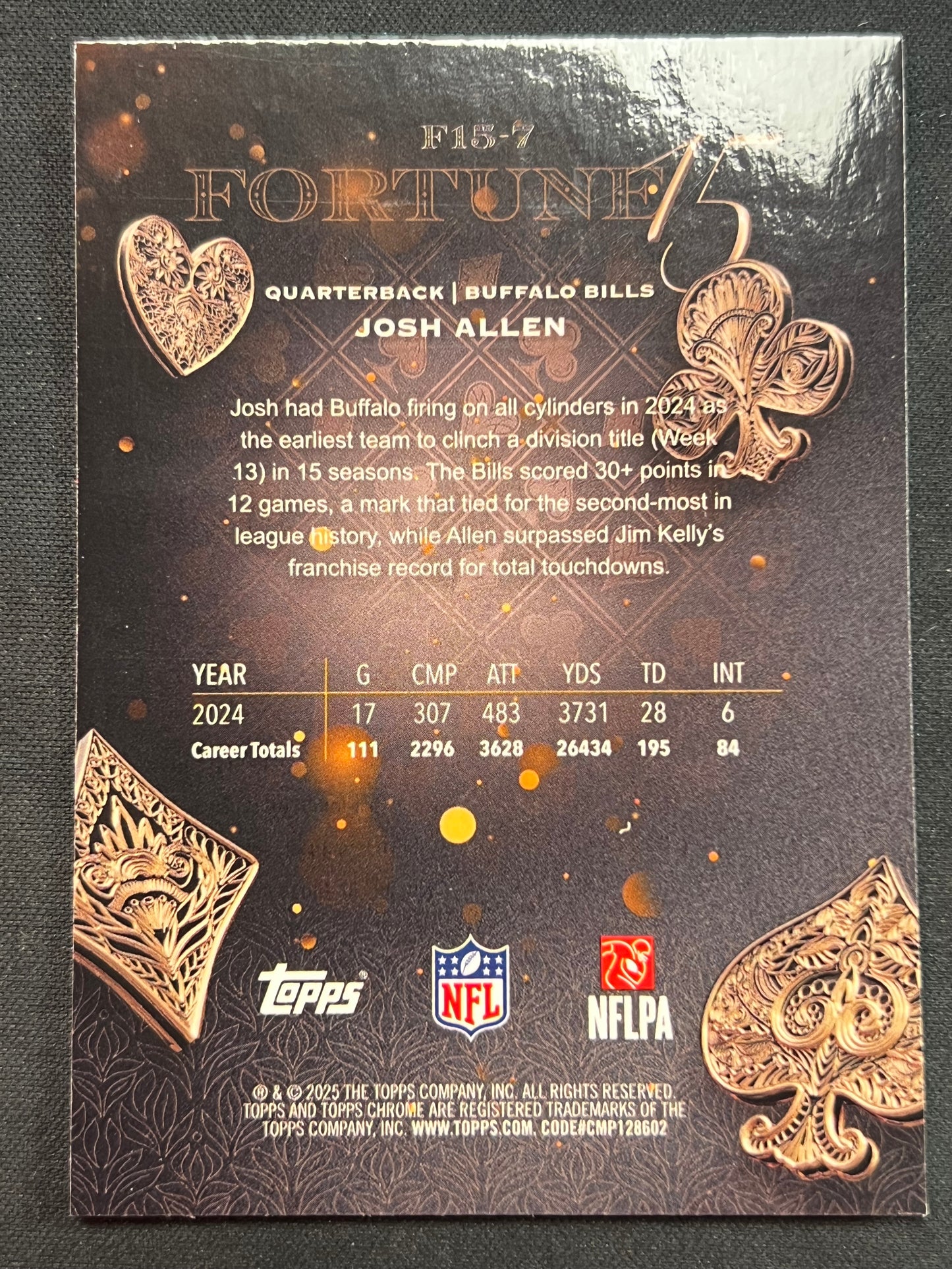 2025 Topps Chrome #F15-7 Josh Allen Fortune 15 Pink Refractor #/250