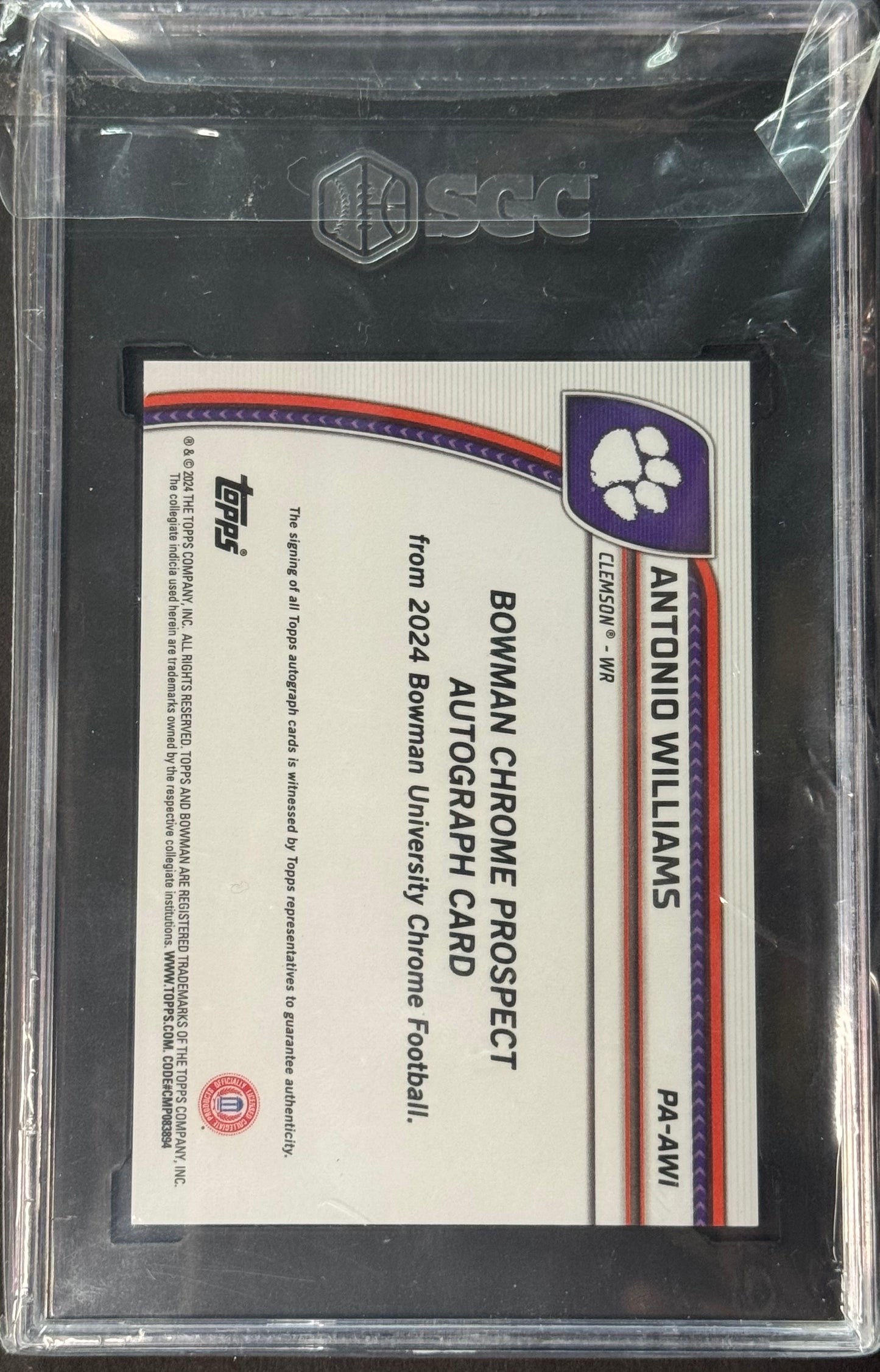 2024 Bowman Chrome University Antonio Williams Prospect Auto #PA-AWI SGC 9.5 Auto Grade 10