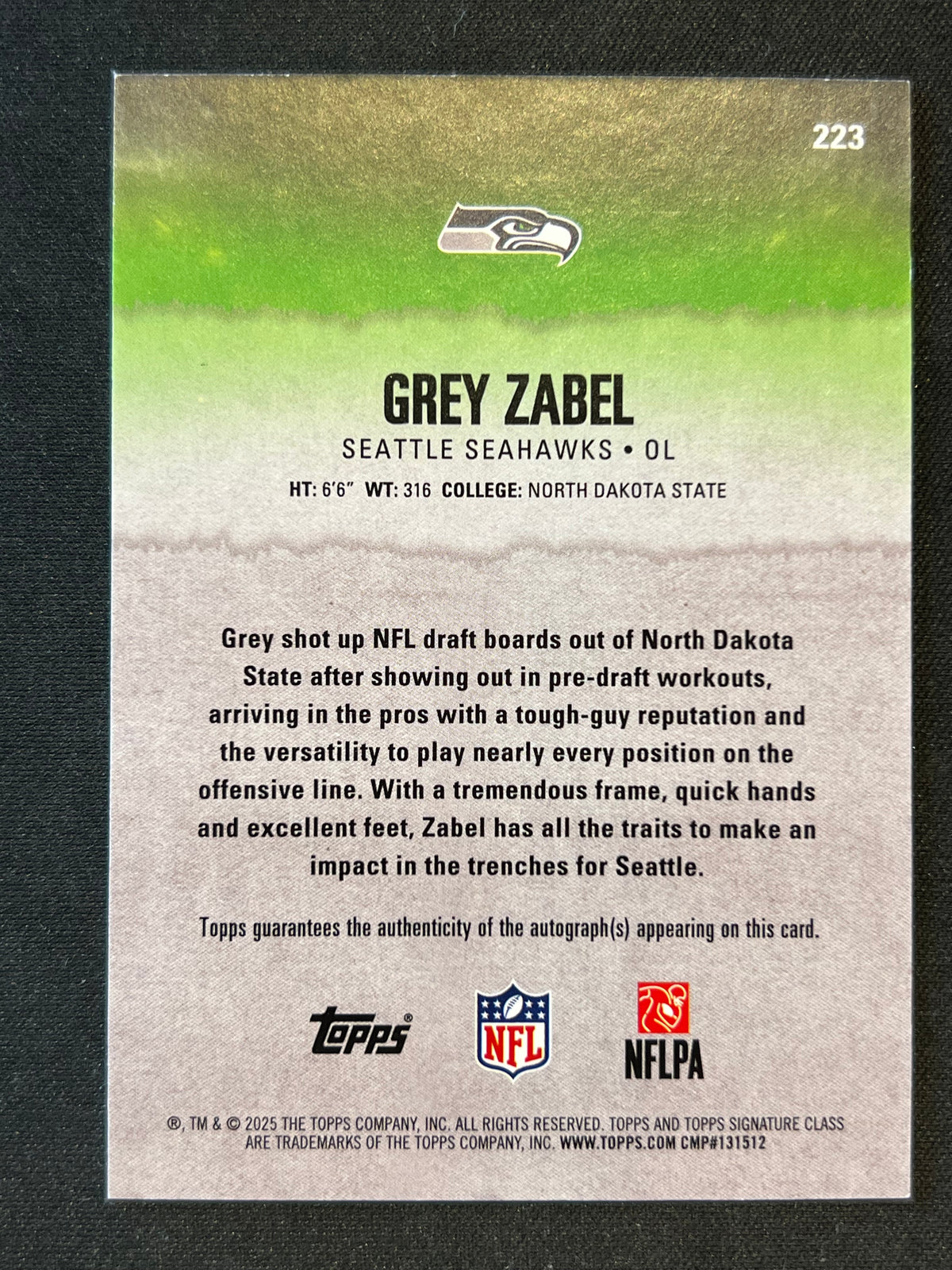 2025 Topps Signature Class Grey Zabel Green RC Auto /150 #223 Seahawks