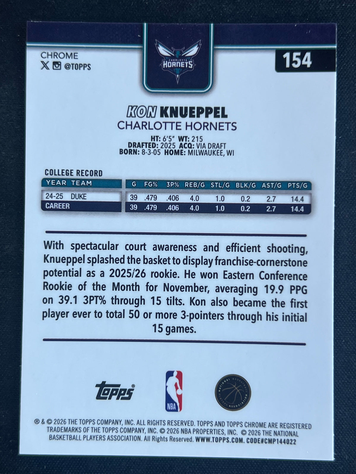 2025-26 Topps Chrome Kon Knueppel Rookie Card #254 RayWave Refractor Hornets