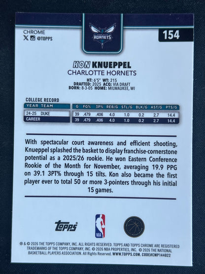 2025-26 Topps Chrome Kon Knueppel Rookie Card #254 RayWave Refractor Hornets