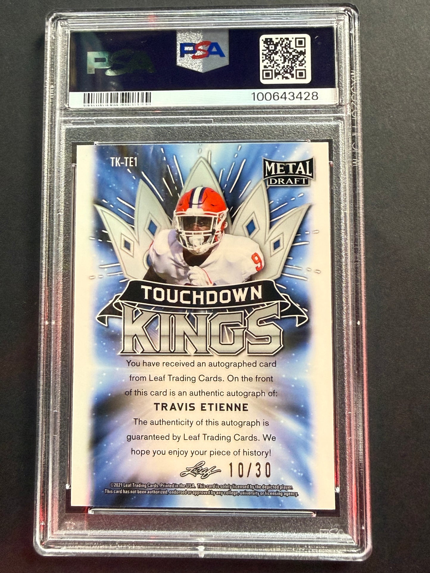 2021 Leaf Metal Draft Travis Etienne TD Kings Auto Purple Marble #TKTE1 PSA 10 Team Color Match