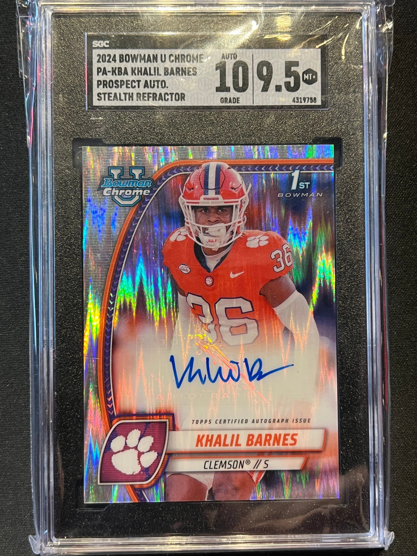 2024 Bowman University Chrome - Chrome Prospect Autograph Khalil Barnes Stealth Refractor #PA-KBA SGC 9.5 Auto Grade 10