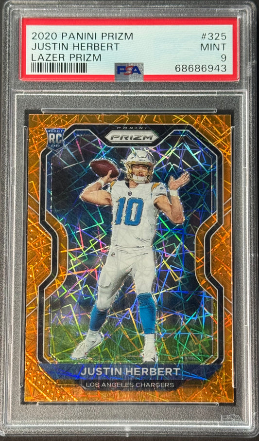 2020 Panini Prizm Justin Herbert Orange Lazer Prizm #325 (RC) PSA 9