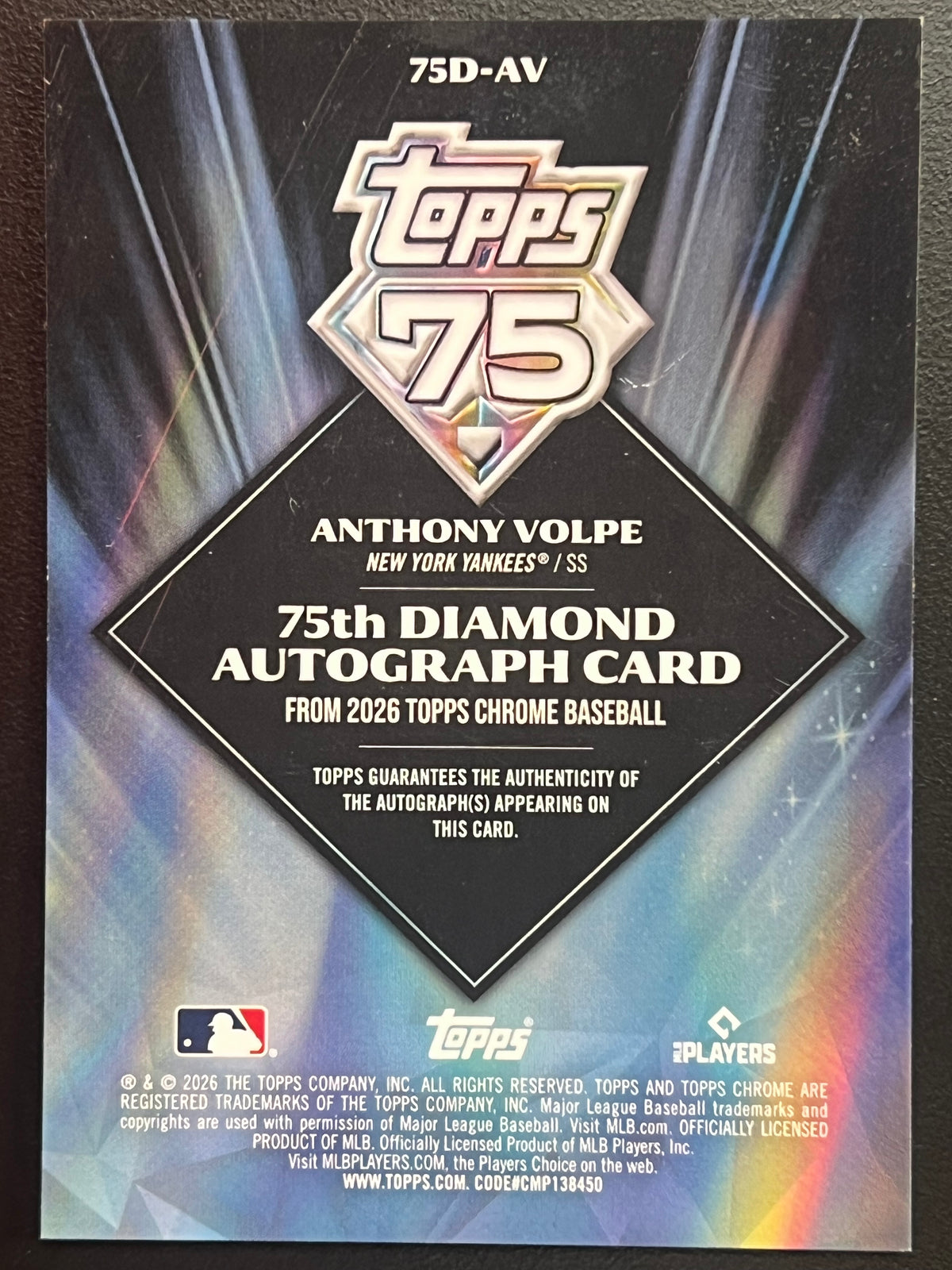 2026 Topps Chrome Anthony Volpe 75th Diamond Autograph Black 02/10 #75D-AV