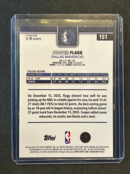 2025-26 Topps Chrome Update Basketball Cooper Flagg RC #151-Dallas Mavericks