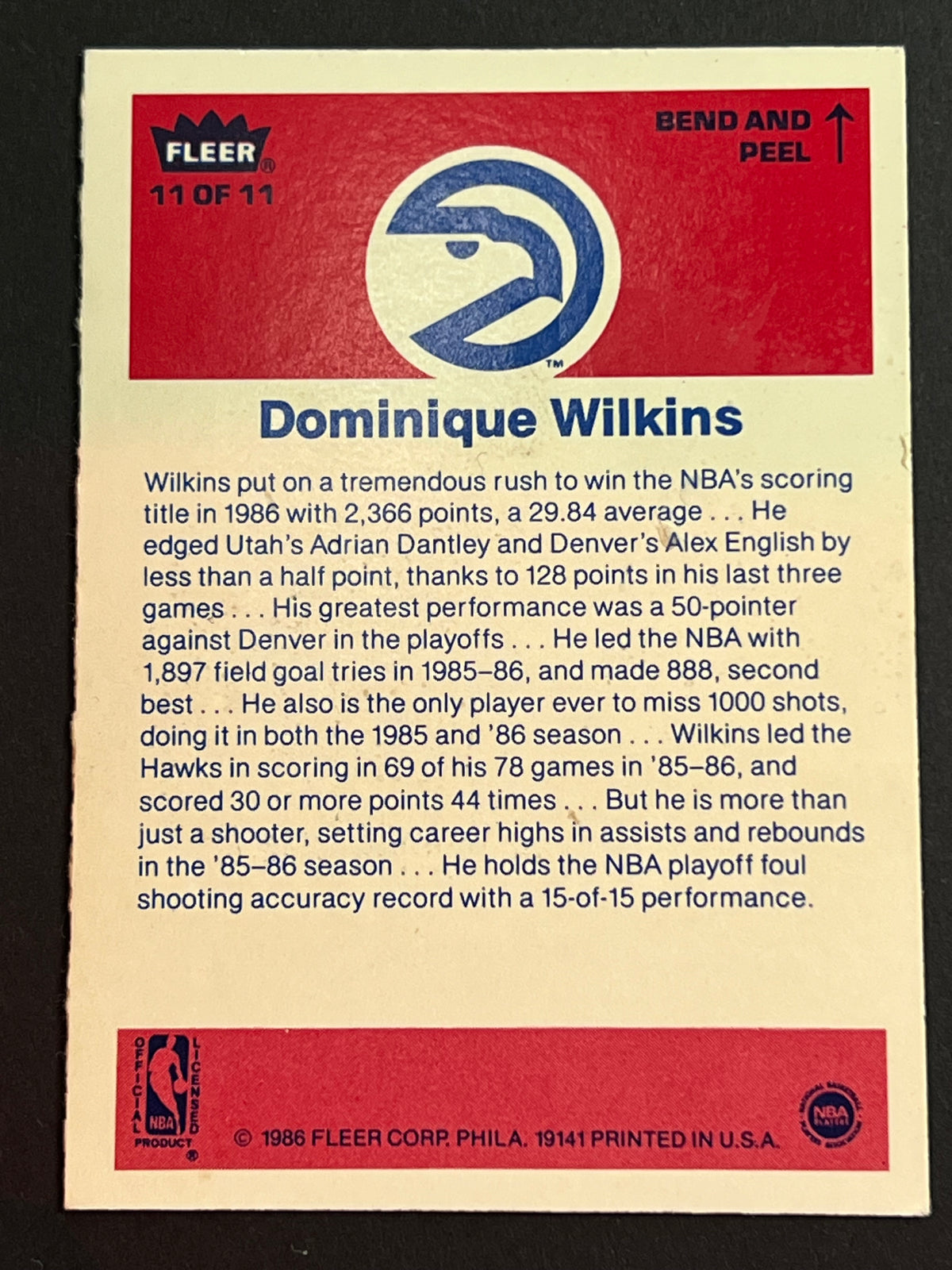 1986 Fleer Stickers Dominique Wilkins #11 Atlanta Hawks