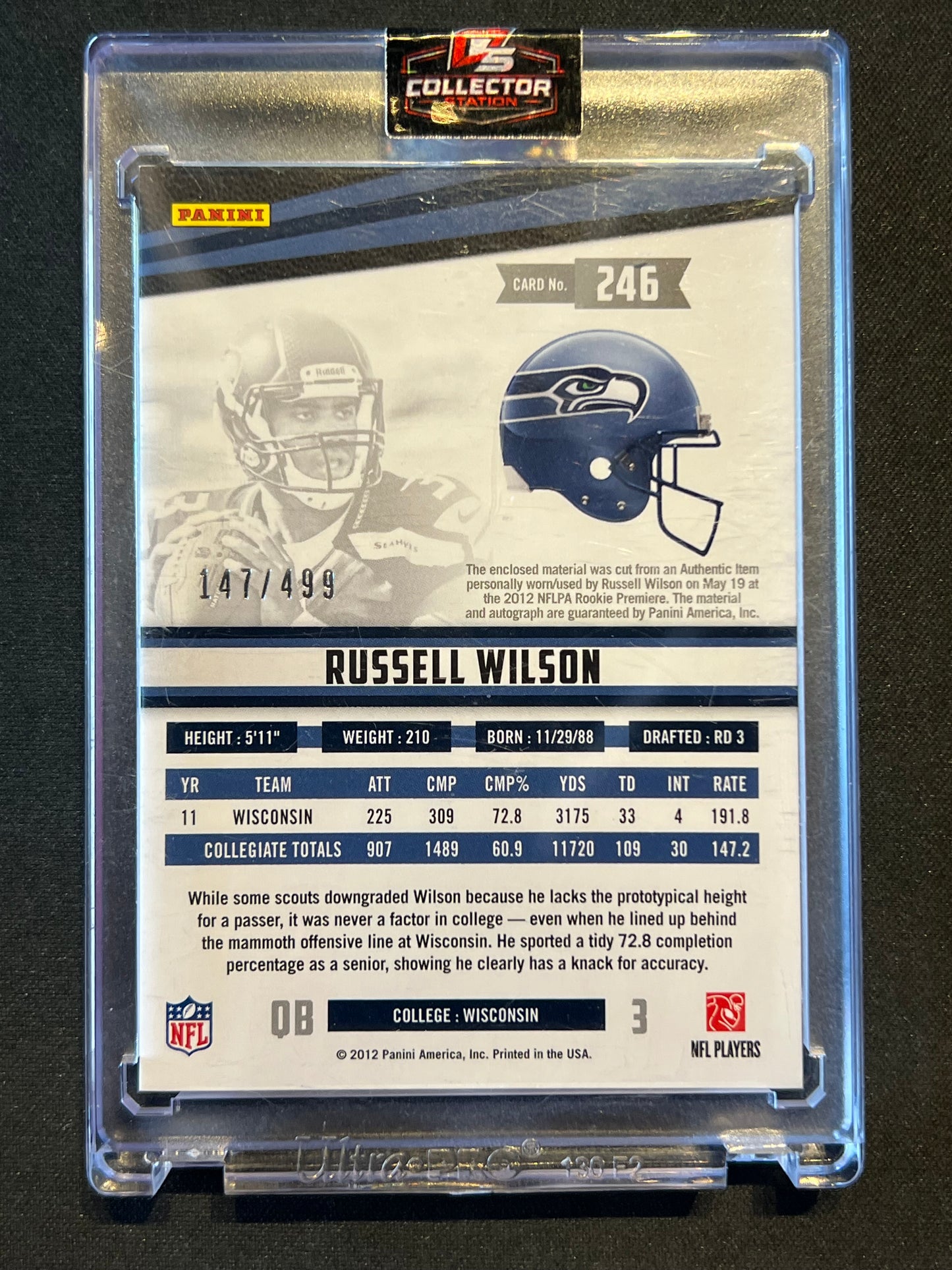 2012 Panini Rookie Material Russell Wilson Jersey RC Autographed #/499 #246