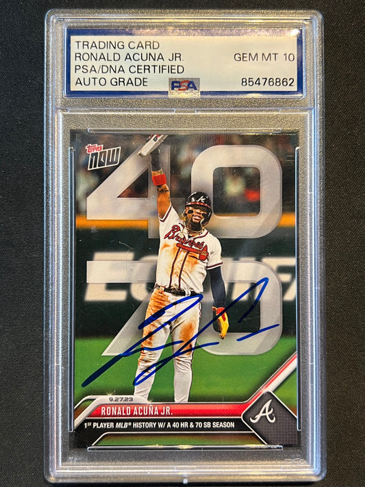 Ronald Acuna Jr 2023 Topps Now 40 HR 70 SB "2023 NL MVP" Auto #927 PSA/DNA 10