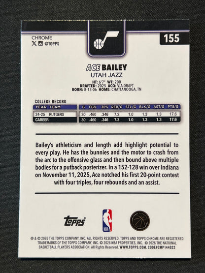 2025-26 Topps Chrome Update Ace Bailey RayWave Refractor RC Rookie #155 Jazz