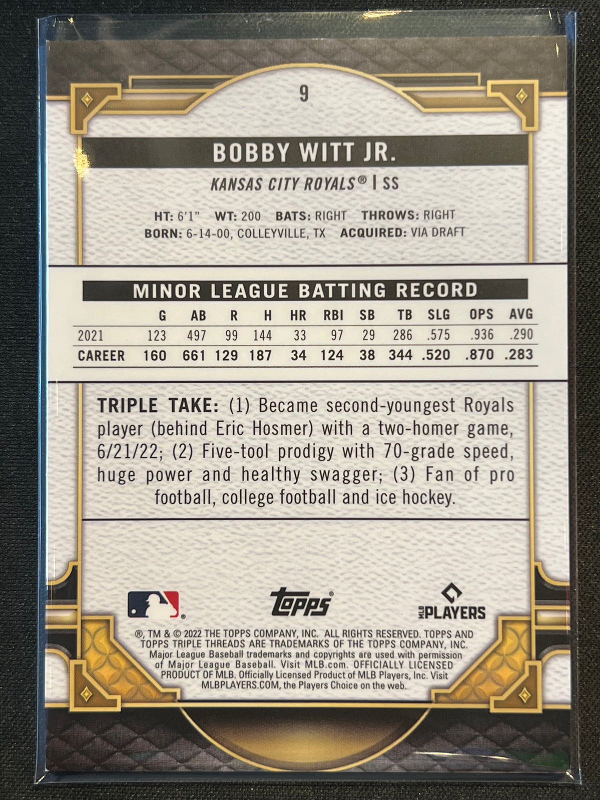 2022 Topps Triple Threads Bobby Witt Jr Rookie Card (RC) Emerald /259 #9 Royals