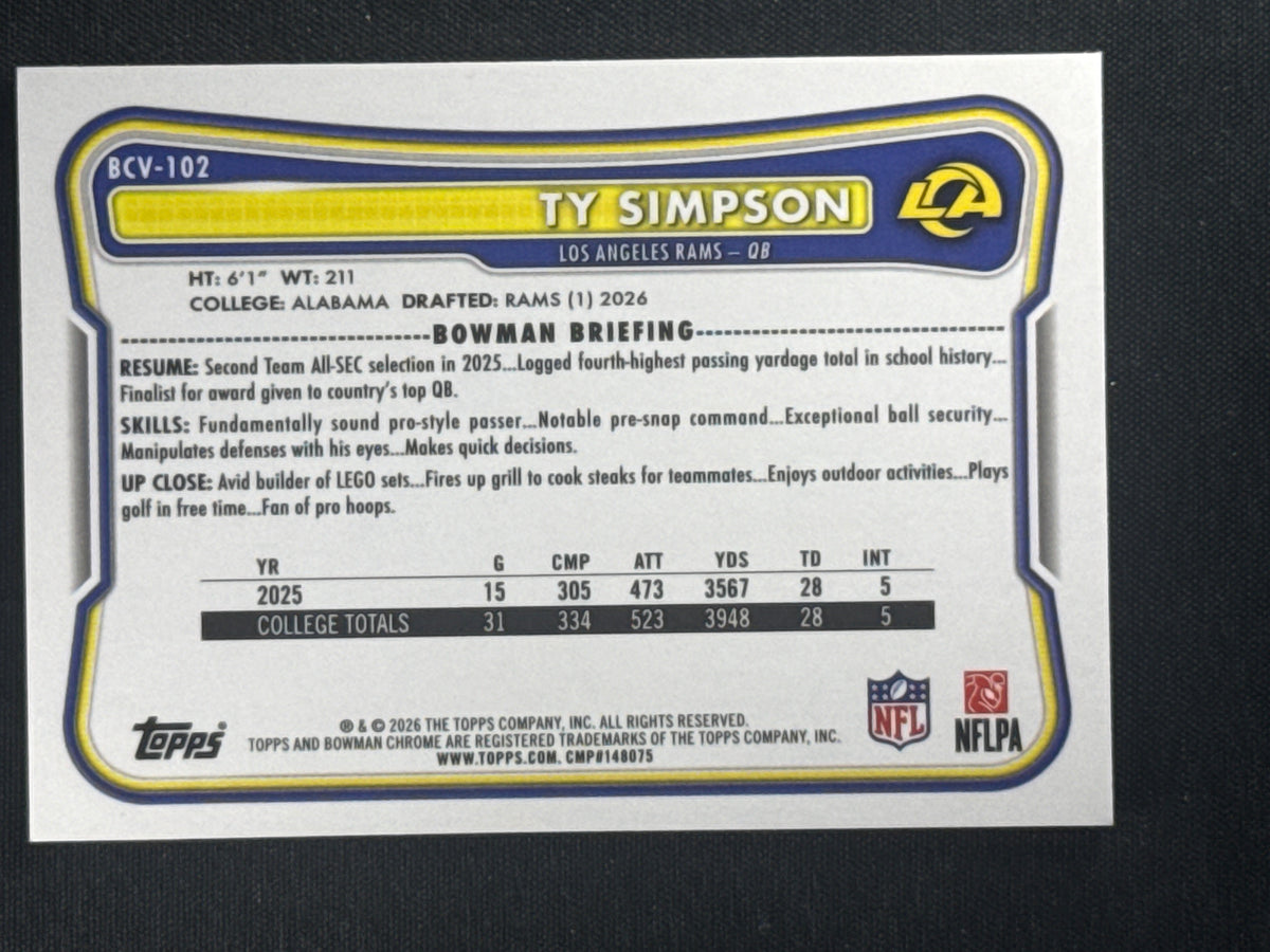 2026 Bowman Football Chrome Ty Simpson Rookie - RC First Available!