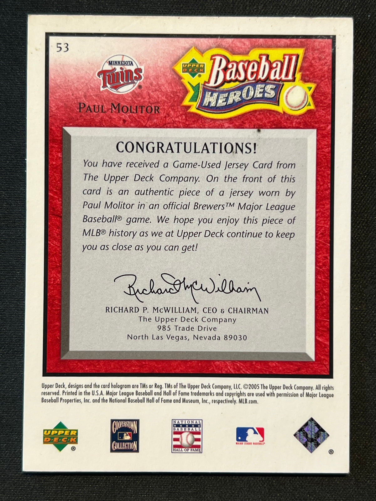 2005 Upper Deck Baseball Heroes Paul Molitor Red Memorabilia /99 #53
