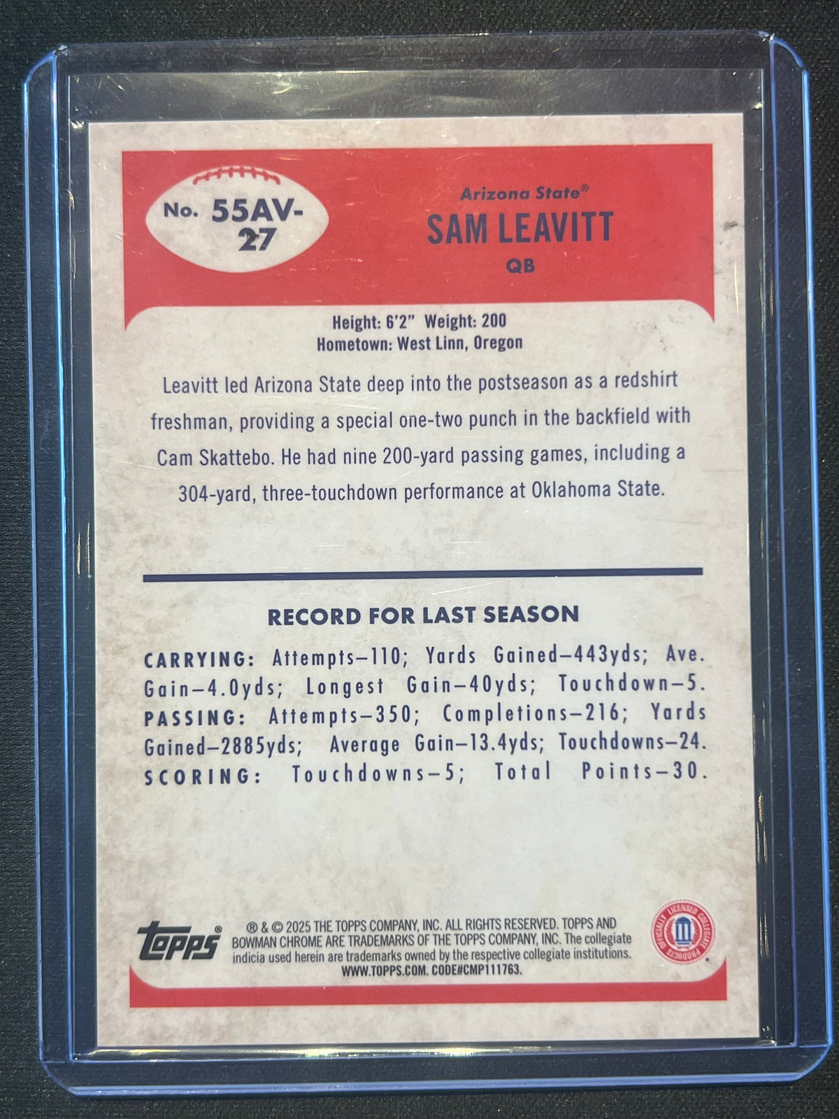 2025 Bowman U Chrome Sam Leavitt 1955 #55AV-27 Orange Refractor 24/25