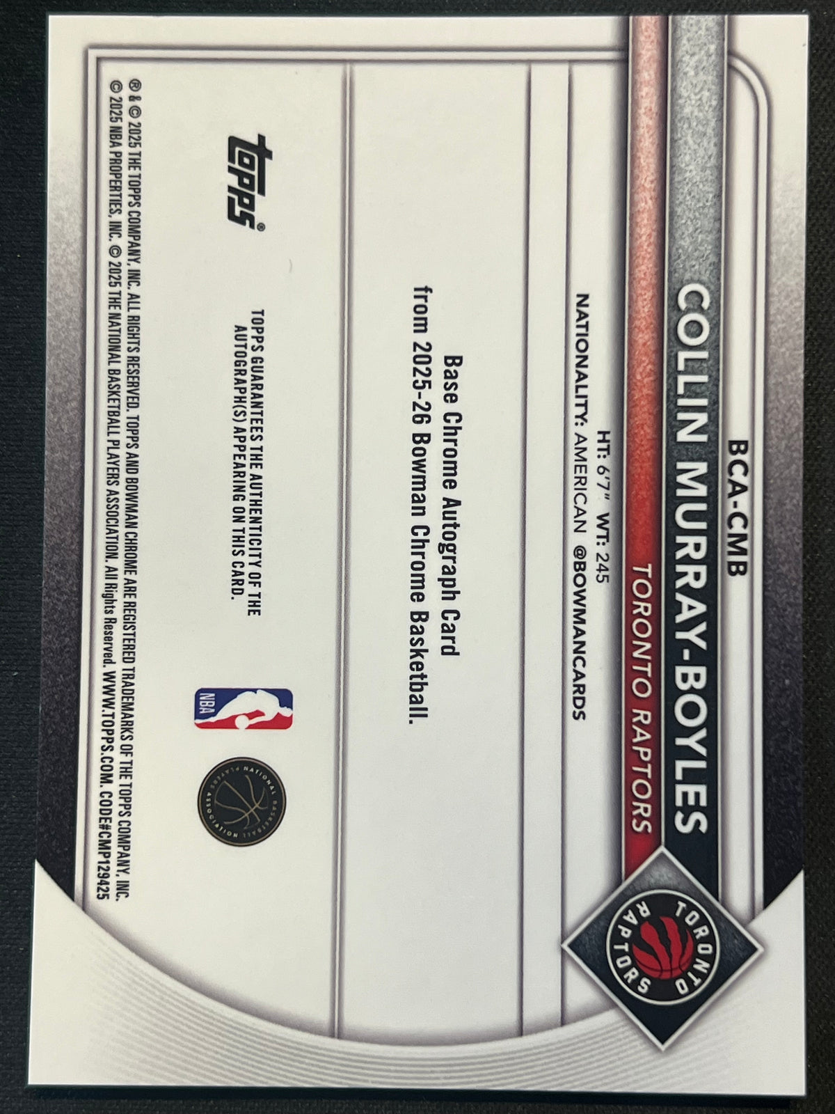 2025-26 Bowman Chrome Collin Murray-Boyles True Orange Auto RC /25 #BCA-CMB