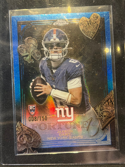 2025 Topps Chrome Football - Jaxson Dart Fortune 15 Blue Refractor Rookie 8/150 #F15-23 Giants