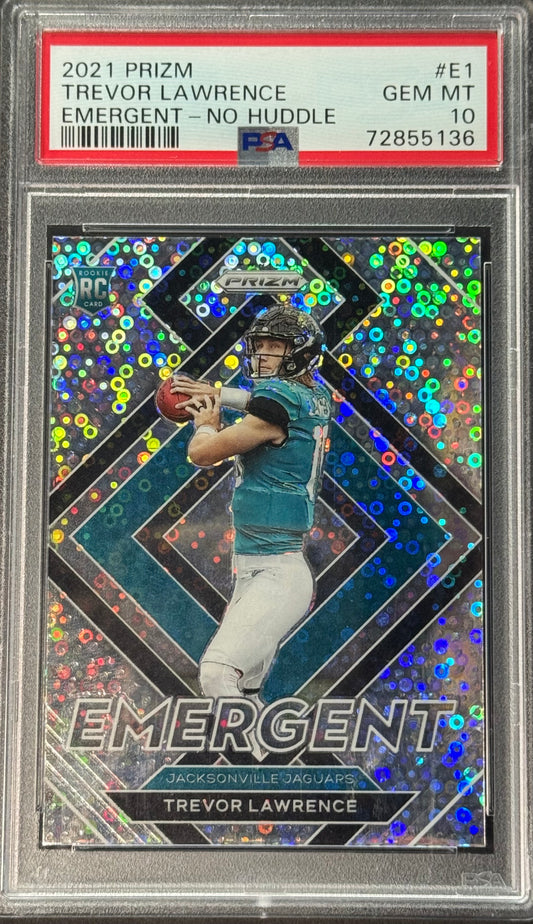 2021 Panini Prizm Emergent Trevor Lawrence No Huddle #E-1 RC PSA 10 — Collector Station, Easley SC.