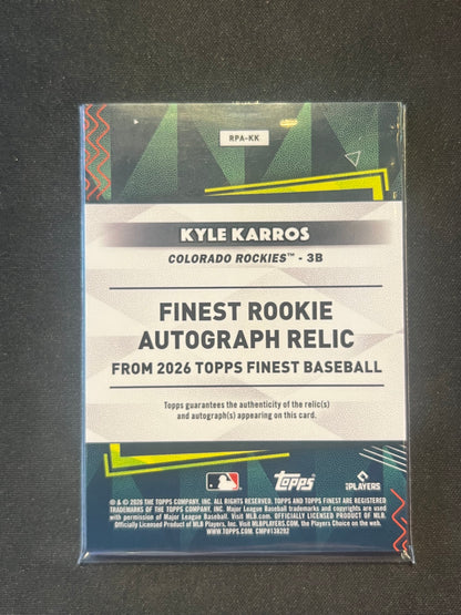2026 Topps Finest Kyle Karros RC Auto/Relic Green Refractor /99