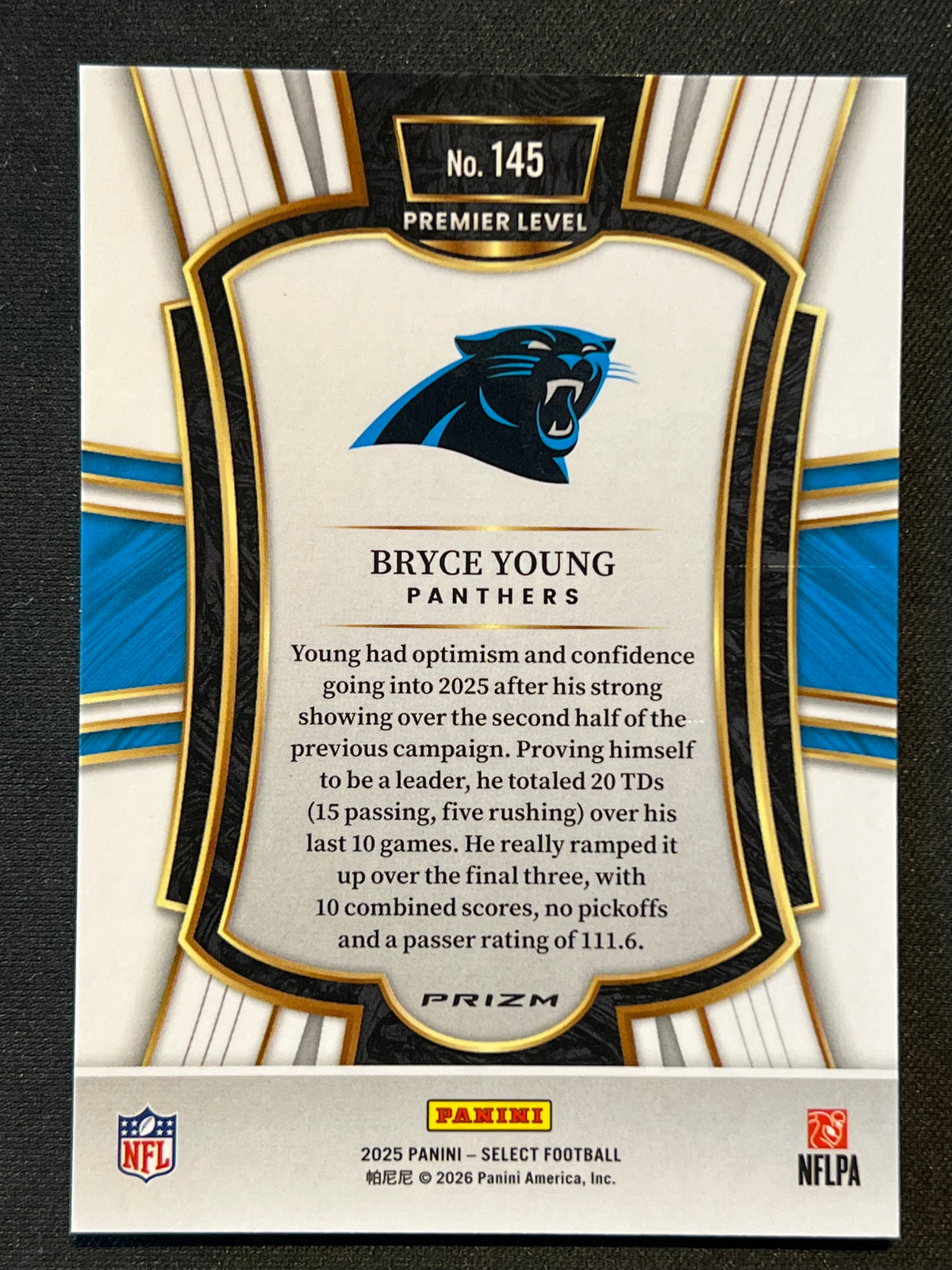 2025 Panini Select Bryce Young Premier Level Zebra Prizm Shock #145 Panthers