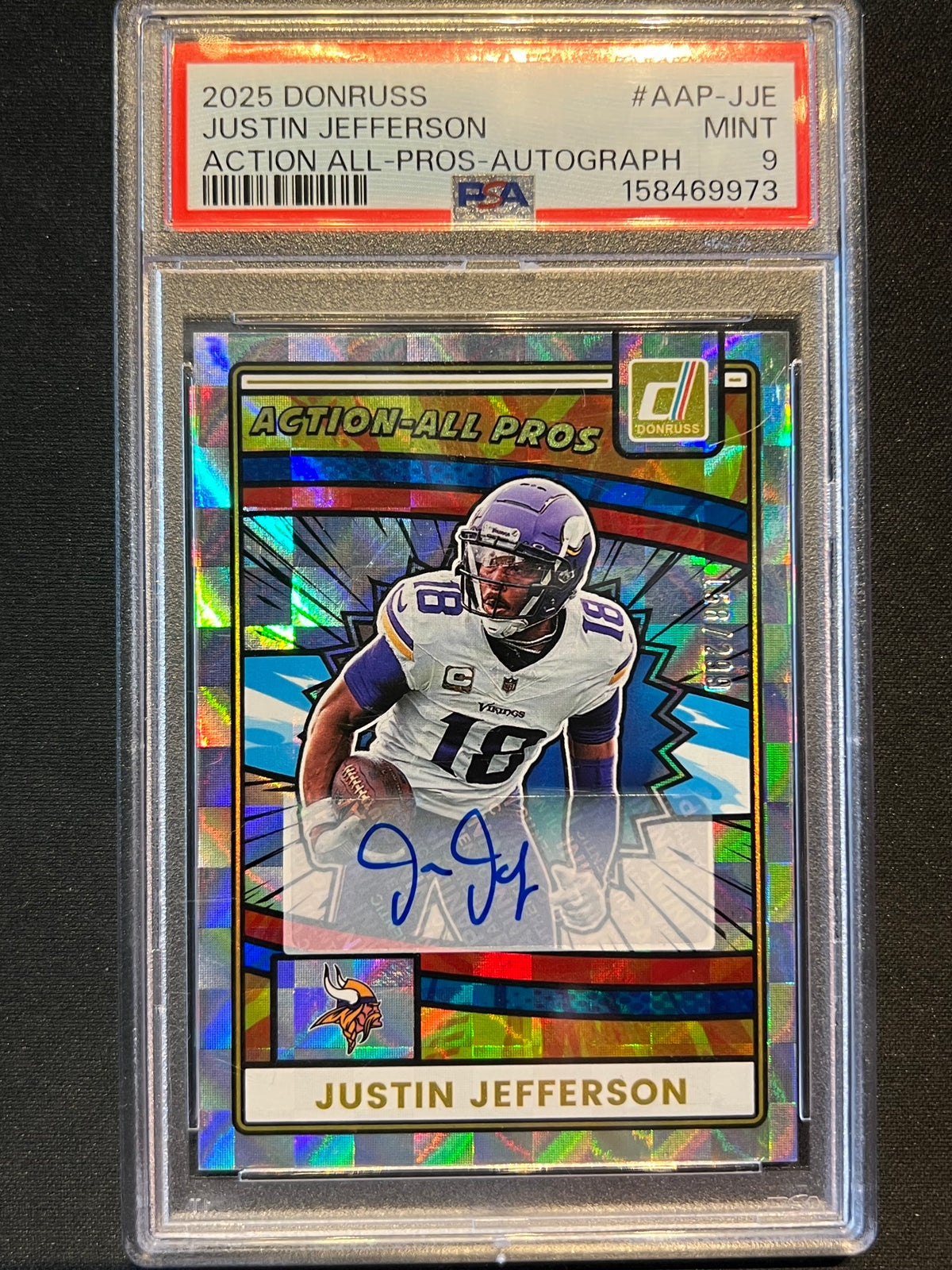 2025 Donruss Action All-Pros Justin Jefferson Vikings Auto /299 #AAP-JJE PSA 9