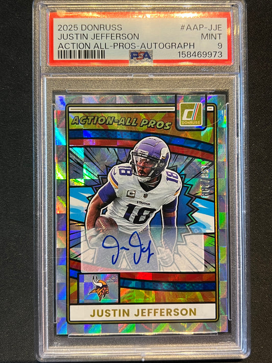 2025 Donruss Action All-Pros Justin Jefferson Vikings Auto /299 #AAP-JJE PSA 9