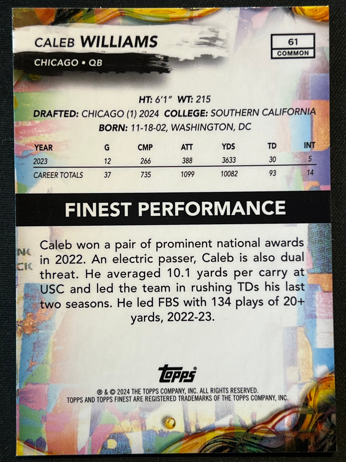 2024 Topps Finest  Caleb Williams #61 Blue Refractor /200 (RC)