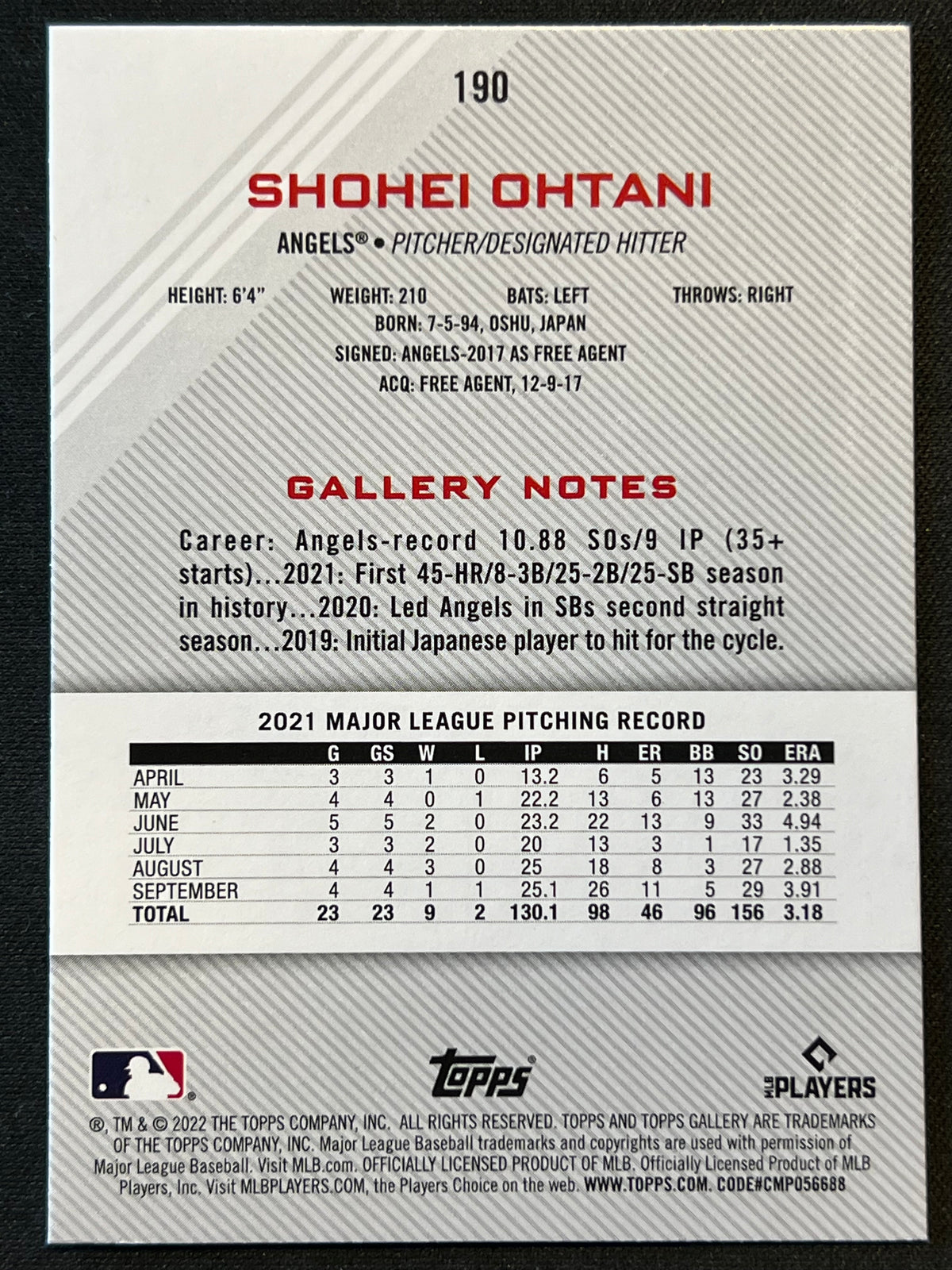 2022 Topps Gallery - Shohei Ohtani #190 Rainbow Foil