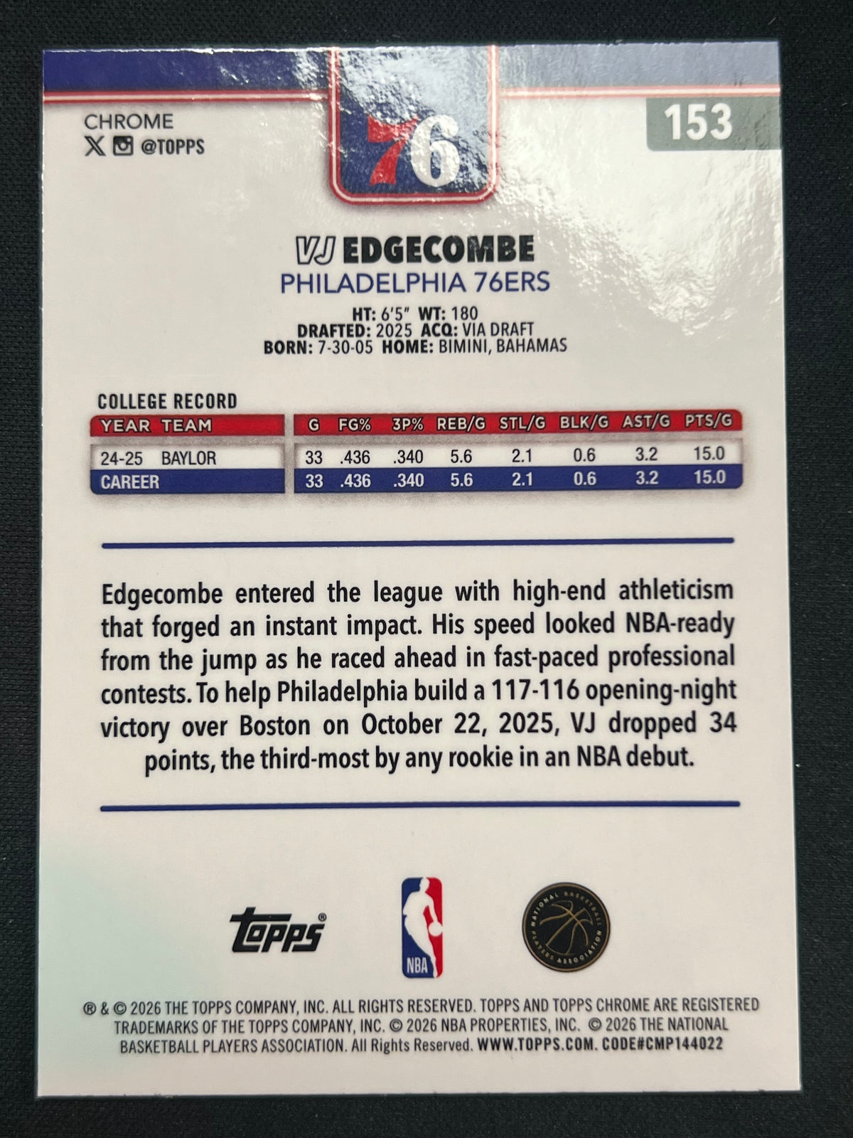 2025-26 Topps Chrome Update VJ Edgecombe #253 RayWave Refractor (RC) Philadelphia 76ers