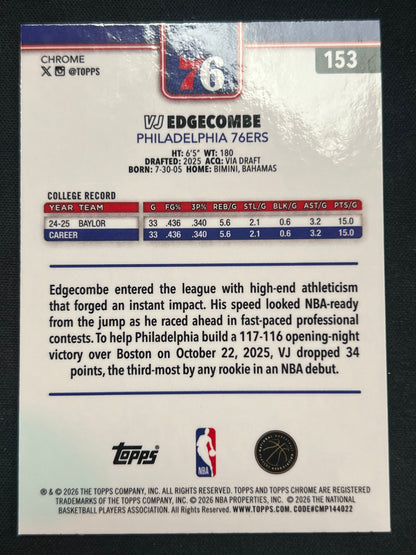 2025-26 Topps Chrome Update VJ Edgecombe #253 RayWave Refractor (RC) Philadelphia 76ers