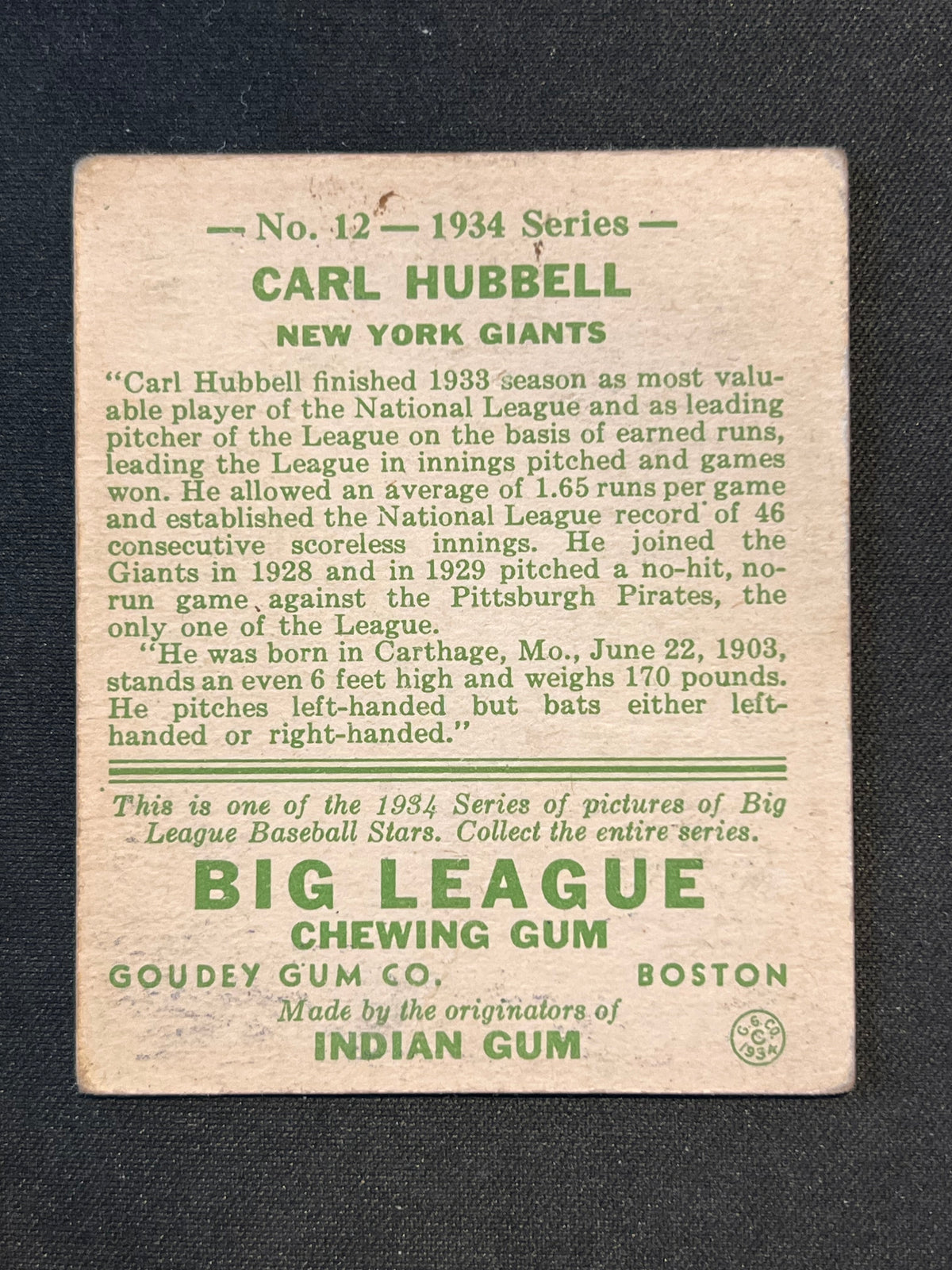 1934 Goudey Big League Chewing Gum - R320 Carl Hubbell #12