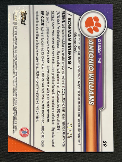 2023 Bowman University Chrome Sapphire Antonio Williams 1st Bowman Orange 21/25 #29
