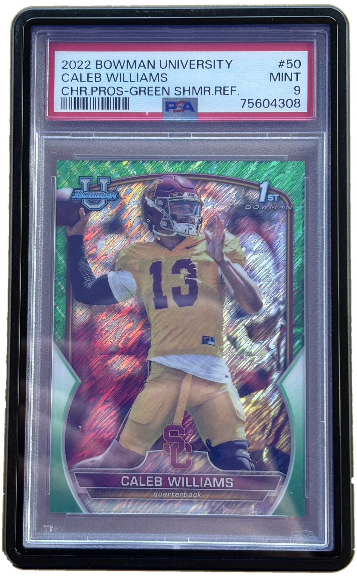 Topps 2022 Bowman University Caleb Williams #50 Green Shimmer Refractor /99 - PSA 9
