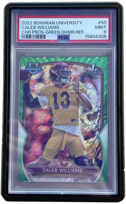 Topps 2022 Bowman University Caleb Williams #50 Green Shimmer Refractor /99 - PSA 9