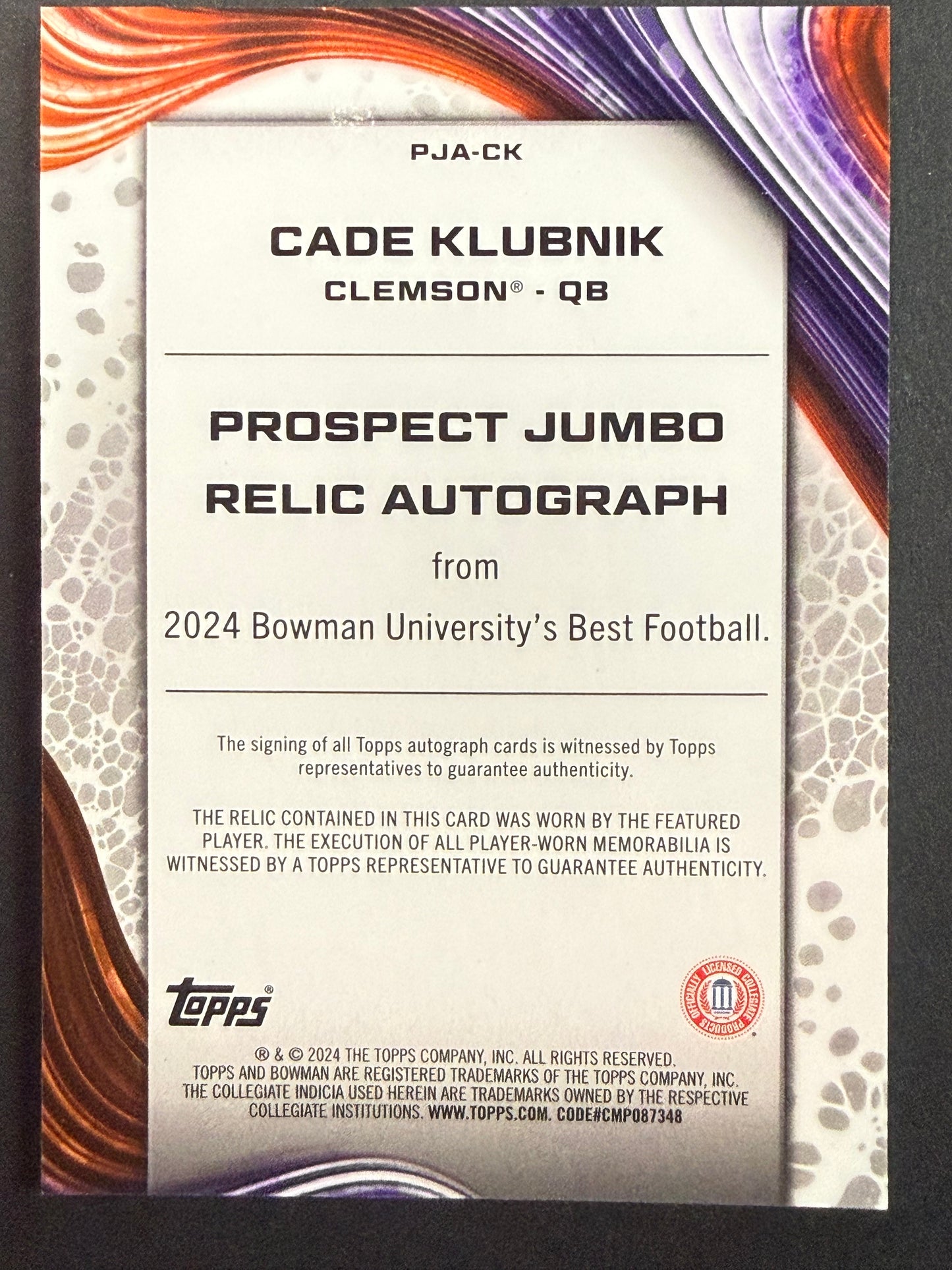 2024 Bowman U Best Prospect Jumbo Patch Auto Cade Klubnik Refractor #PJA-CK Clemson Tigers